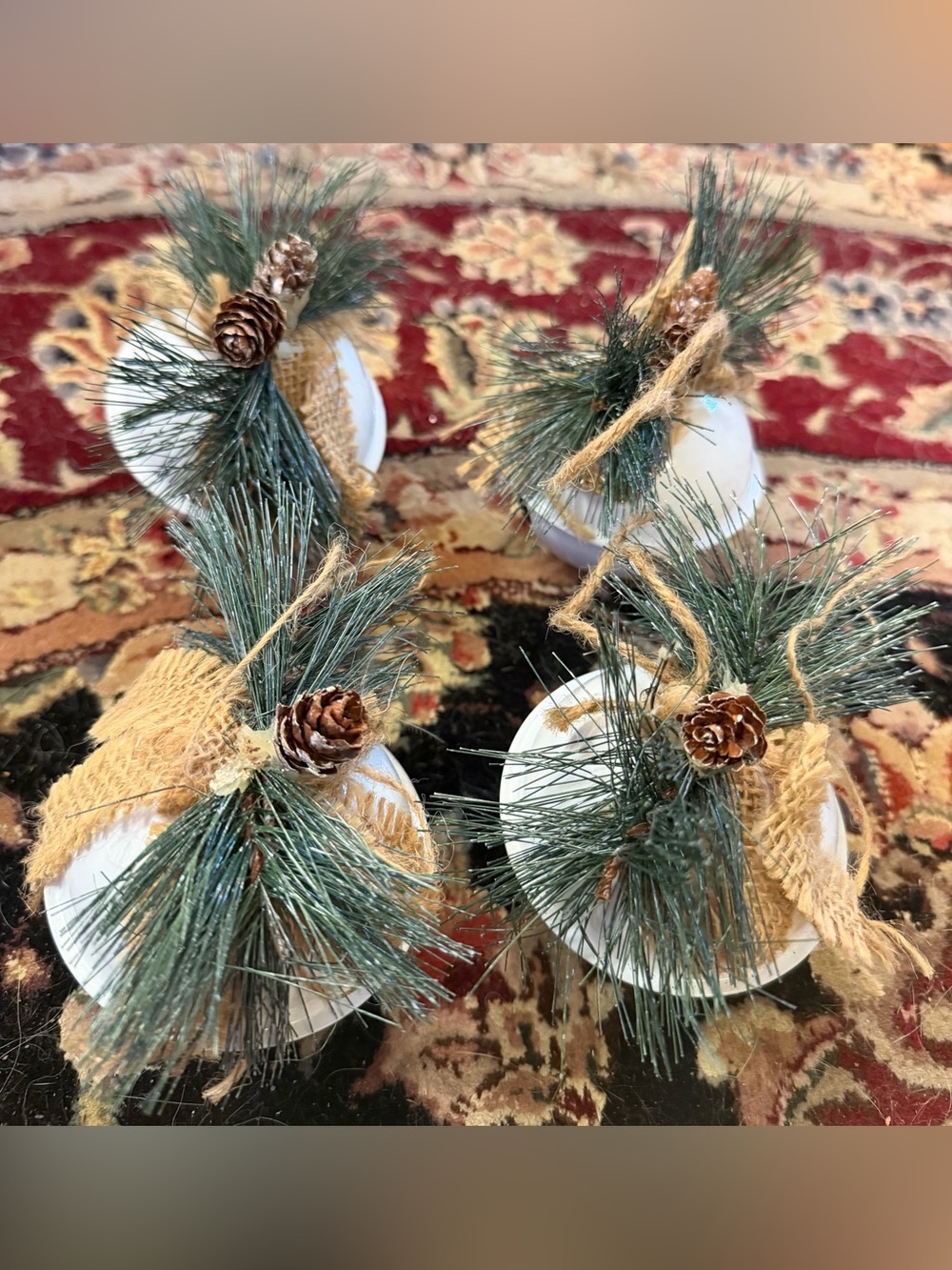 Holiday Pine & Burlap Ornament Set - White and Green